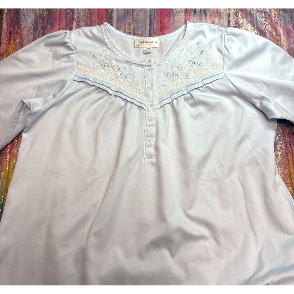 Miss Elaine Petites PL Nightgown Blue Long Sleeve Lace Embroidered Floral
